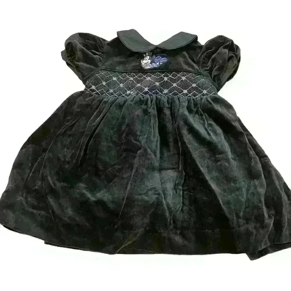 Disney Smocked Velvet Minnie Embroidered Girl’s Dress Size 18 Months Navy Purple